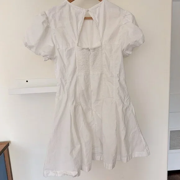 Anthropologie Maeve Puff Sleeve White Cotton Lined Smocked Mini A Line Dress M - Picture 6 of 7